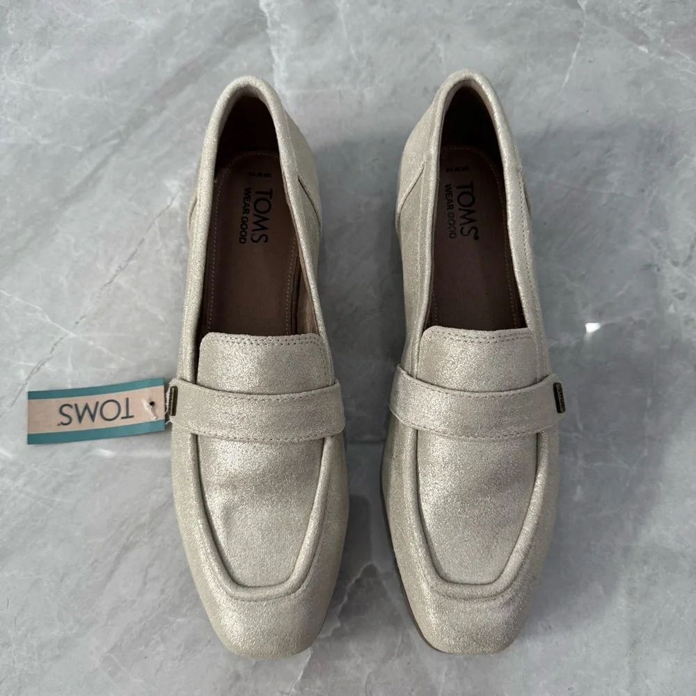 Women’s TOMS Lynette Loafer Dress Shoe Champagne Metallic Suede Leather Size 10 - Picture 3 of 15